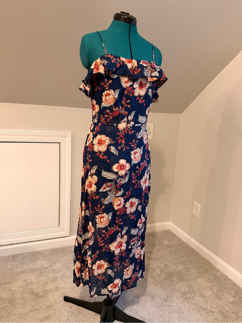 Reformation Navy Floral Off-Shoulder Maxi Dress